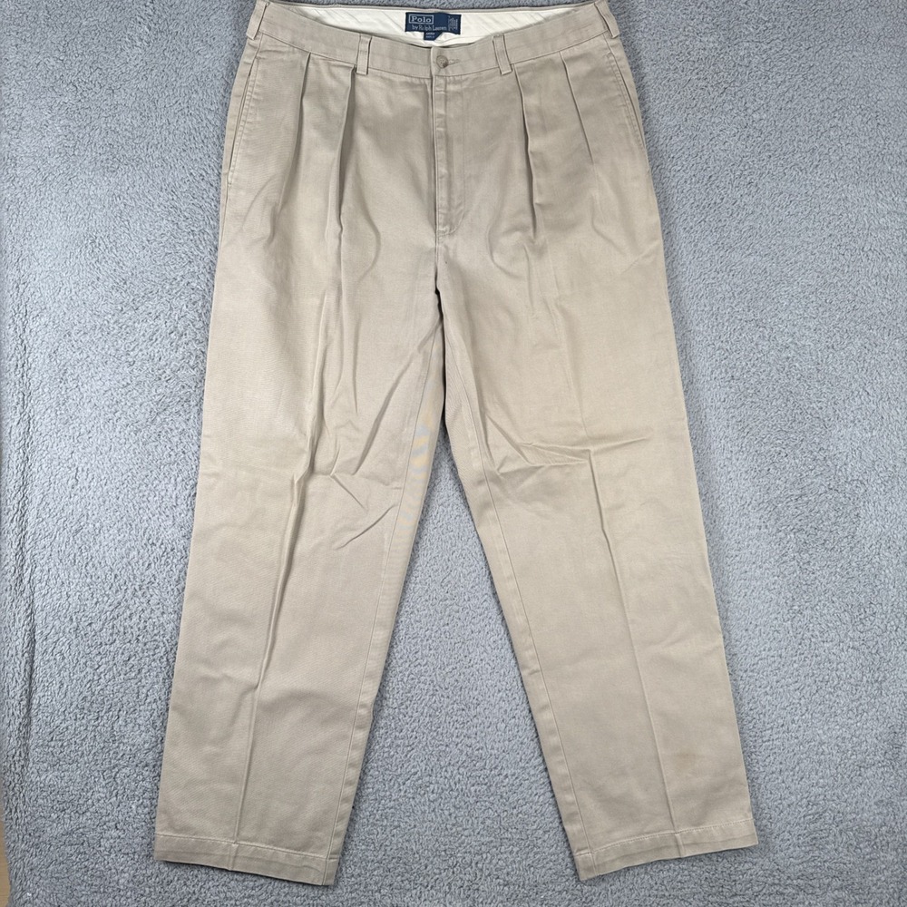 Polo Ralph Lauren Andrew Chino Pants Mens 36x32 (36x30) Tan Pleated Cotton Twill